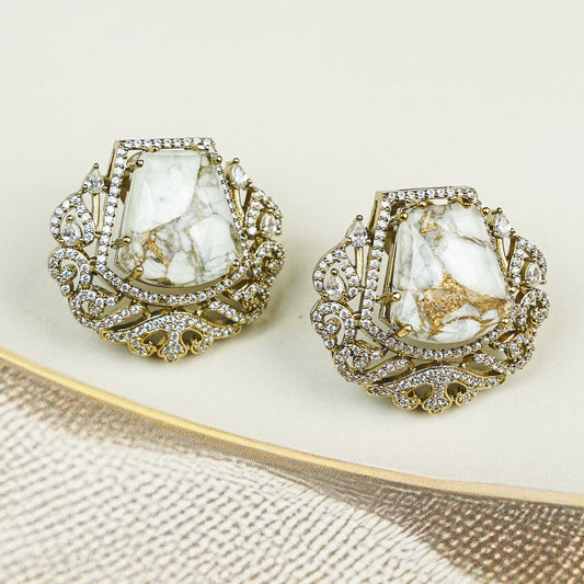 Zevar Club Rhodium-Plated Marble-Effect White Gemstone & AAA Cubic Zirconia Statement Stud Earrings