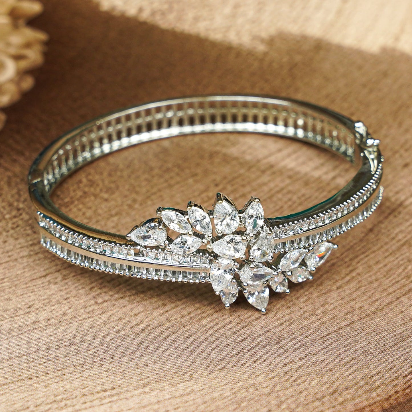 Zevar Club 22K Gold-Plated Floral Cluster Handcrafted AAA CZ Studded Baguette-Lined Openable Bracelet