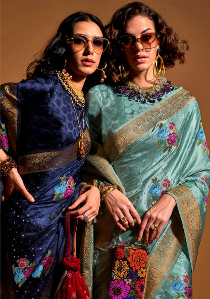 Navy Blue Khalissi Silk Satin Handloom Saree