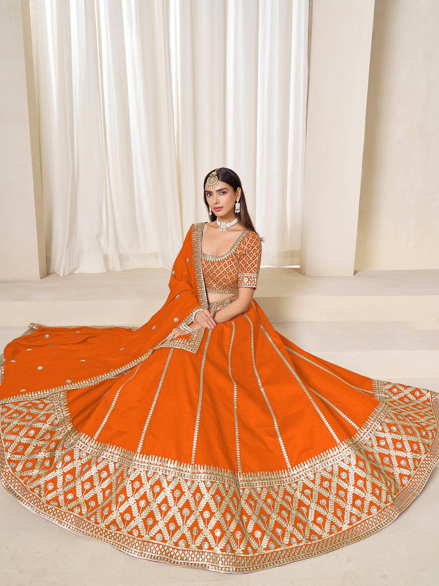 Orange Heavy Sequins Embroidered Art Silk Haldi Lehenga for Wedding Guest