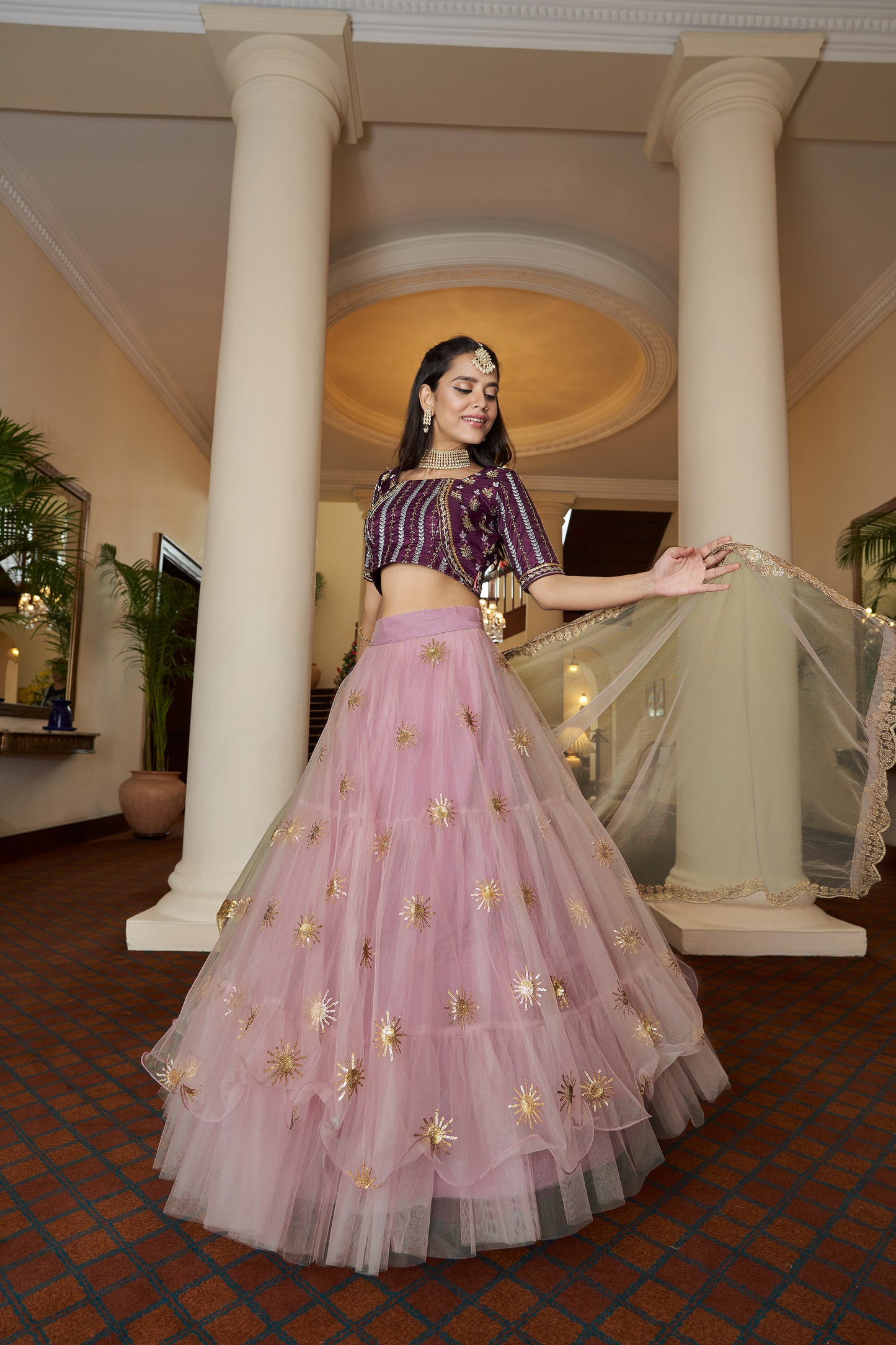 Light Purple Butterfly Net Sequins Embroidery Lehenga