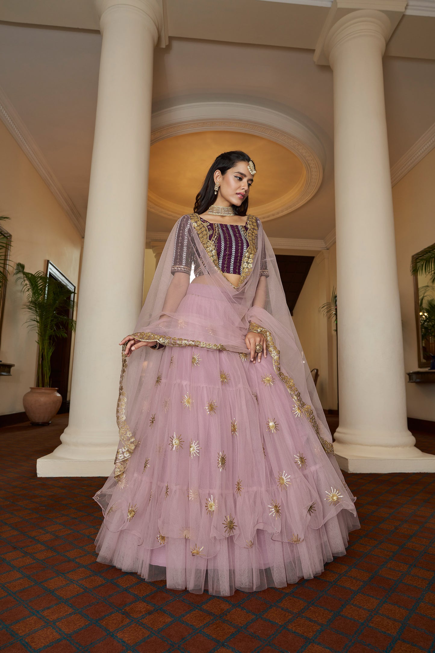 Light Purple Butterfly Net Sequins Embroidery Lehenga