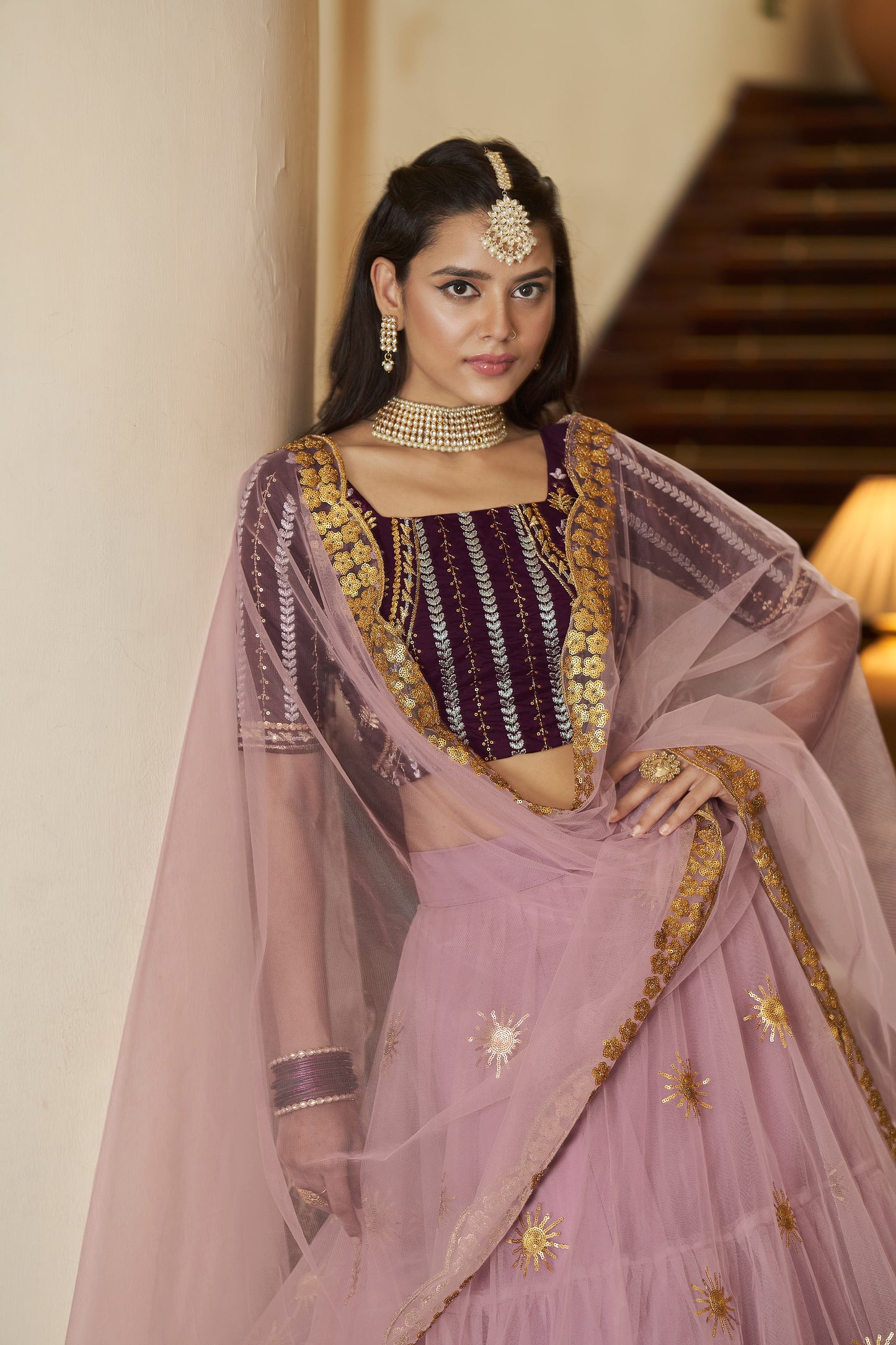 Light Purple Butterfly Net Sequins Embroidery Lehenga