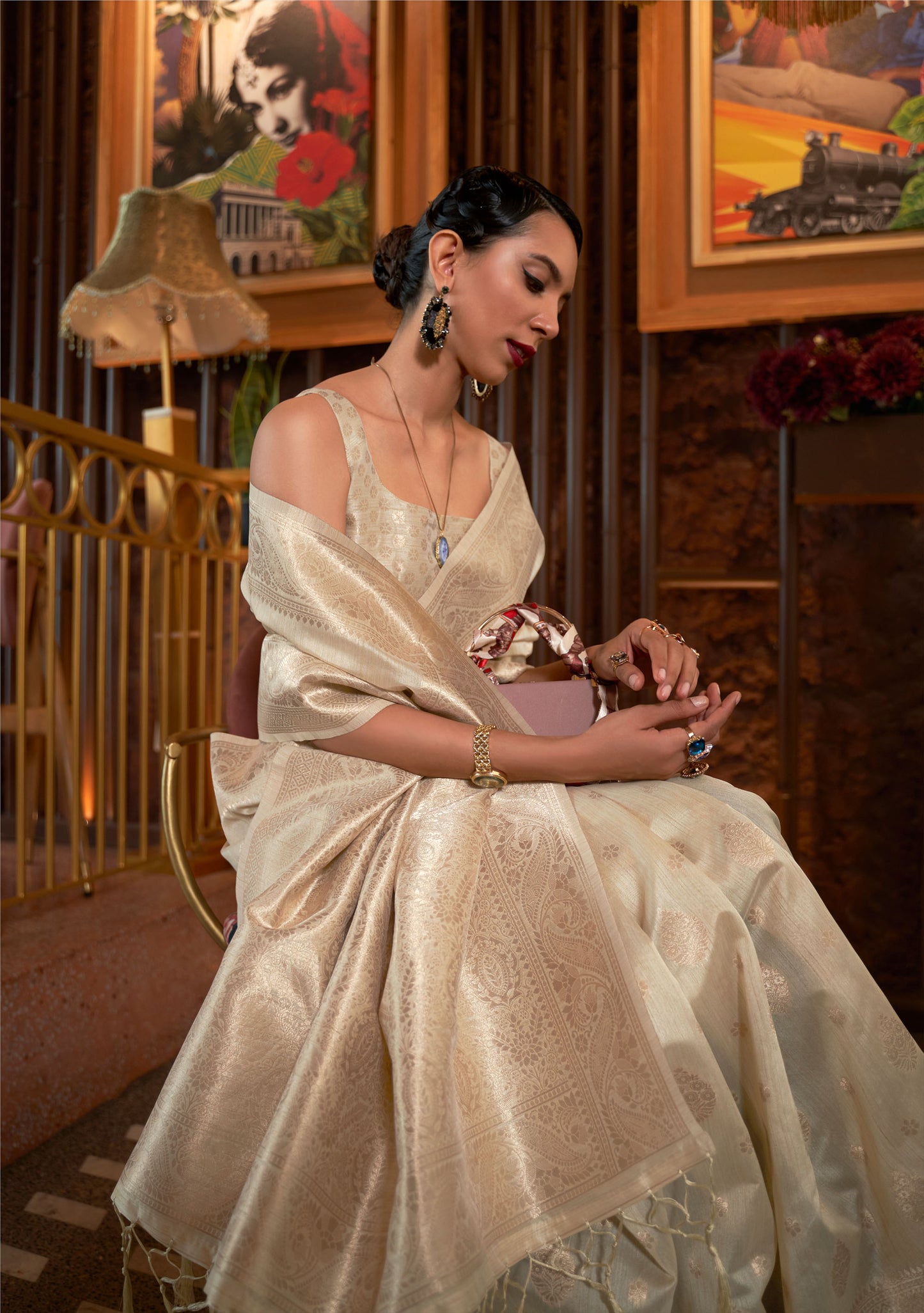 Cream Kamairah Silk Tussar Silk Handloom Saree