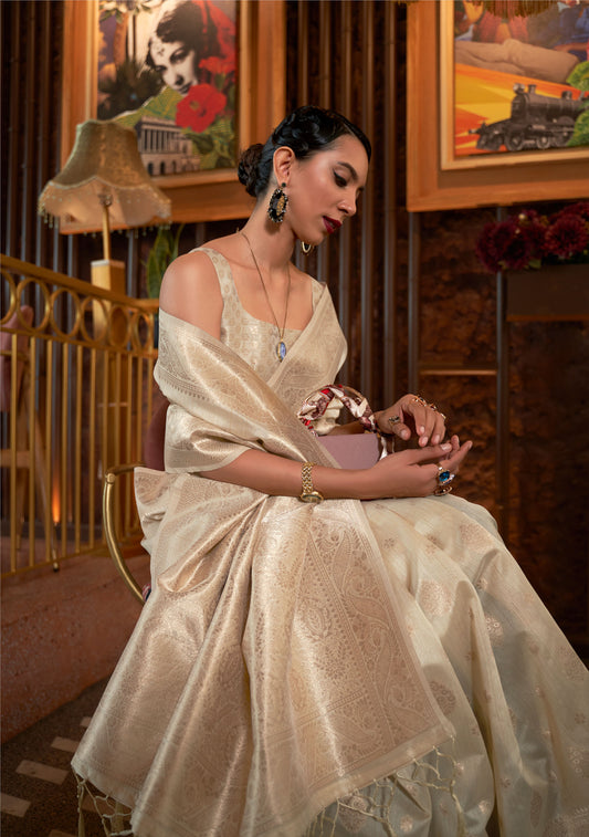 Cream Kamairah Silk Tussar Silk Handloom Saree