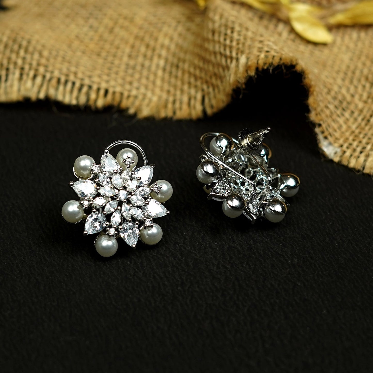 Zevar Club Rhodium-Plated Handcrafted Floral Cubic Zirconia & Pearl Stud Earrings