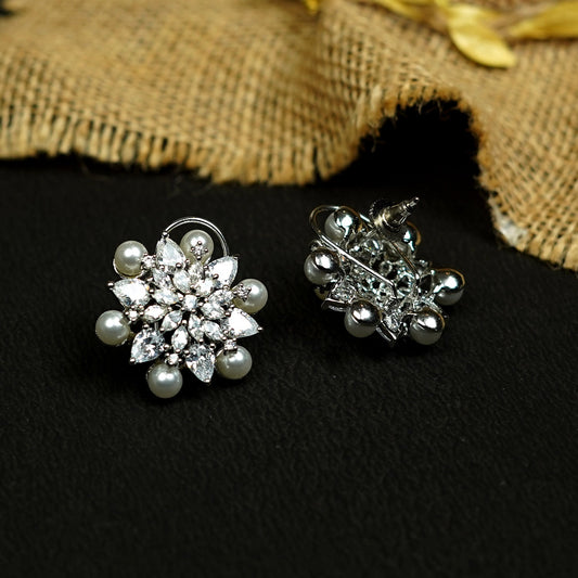 Zevar Club Rhodium-Plated Handcrafted Floral Cubic Zirconia & Pearl Stud Earrings