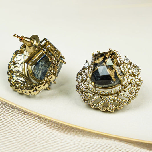 Zevar Club Gold-Tone Smoky Black Stone & AAA Cubic Zirconia Statement Stud Earrings