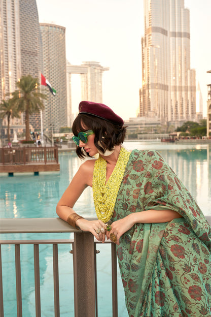 Green Keeyah Printed Handloom Zari Tissue Saree