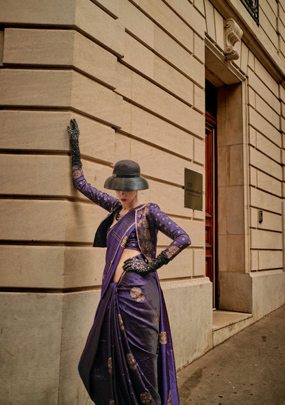 Dark Blue Kronicle Pure Satin Zari Handloom Saree