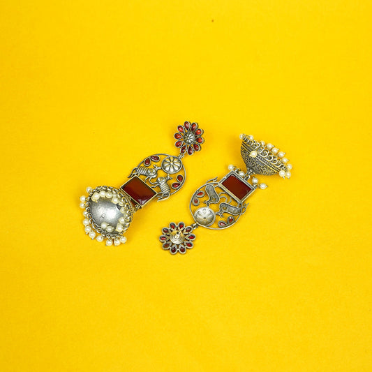 Zevar Club Oxidised Silver-Plated Ruby Pink Stone & Pearl Beaded Floral Jhumkis Earrings