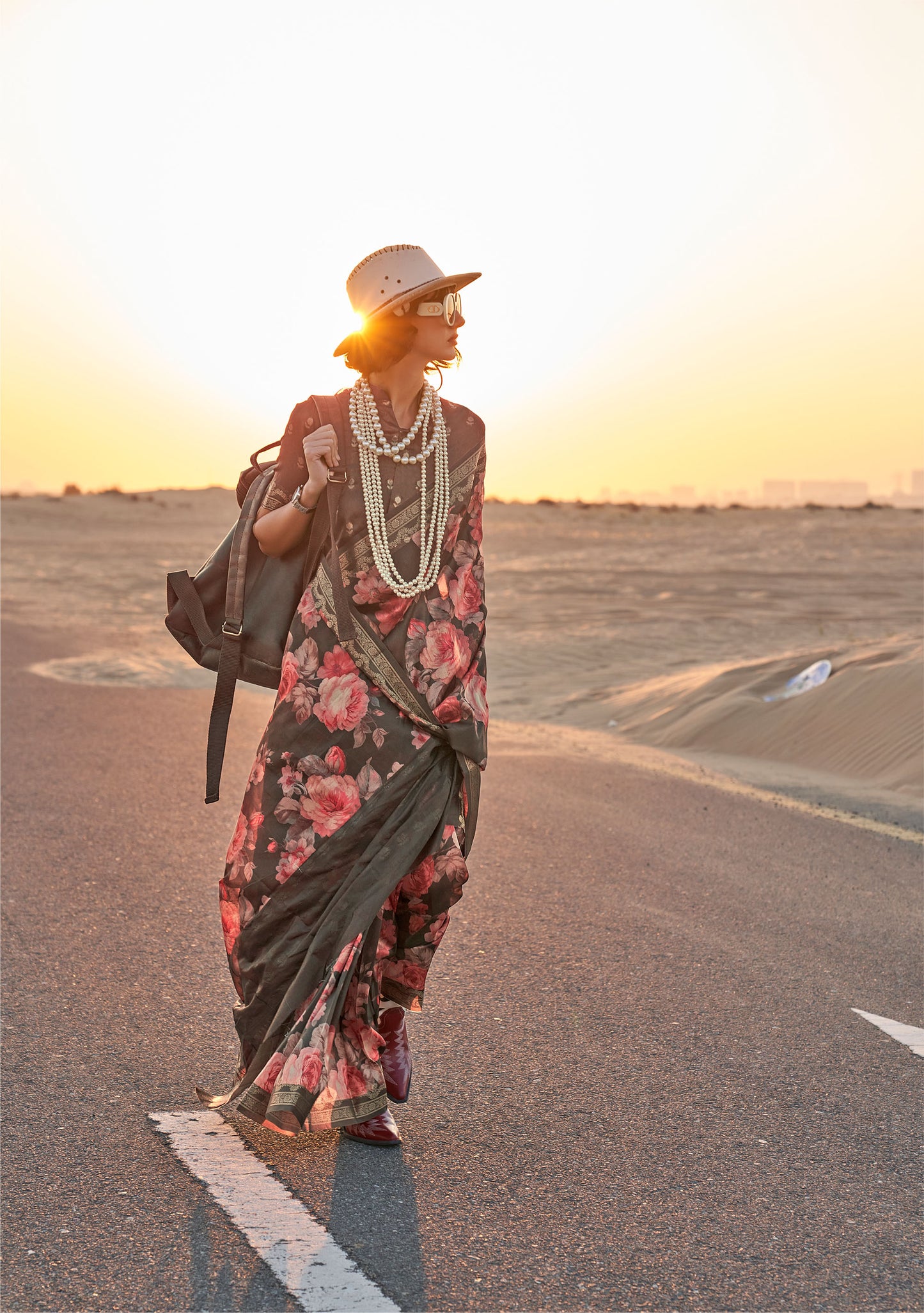 Brown Kikigai Printed Tussar Silk Saree