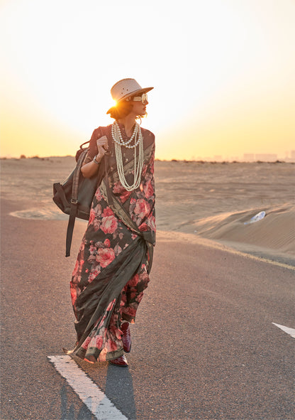 Brown Kikigai Printed Tussar Silk Saree
