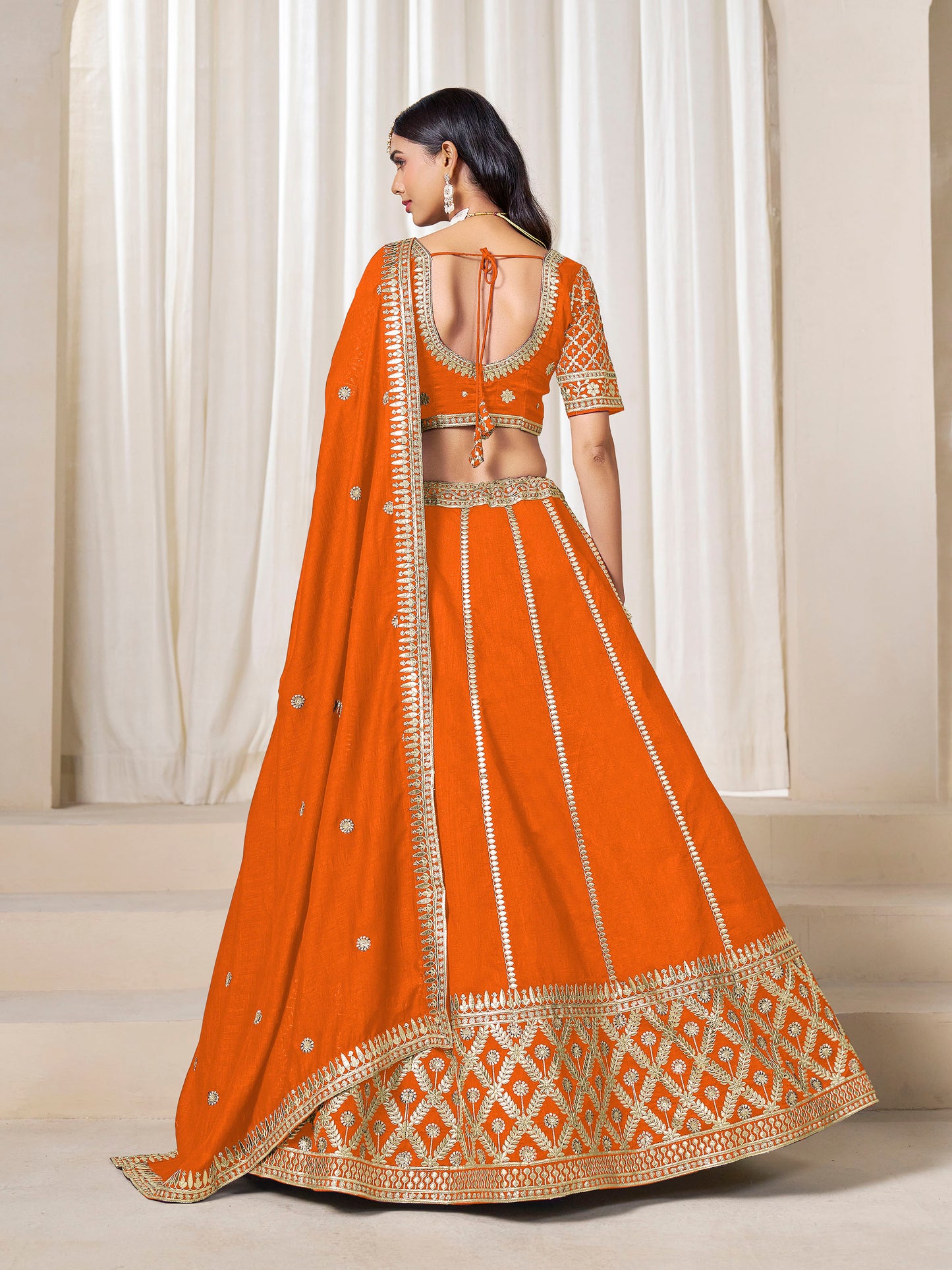 Orange Heavy Sequins Embroidered Art Silk Haldi Lehenga for Wedding Guest