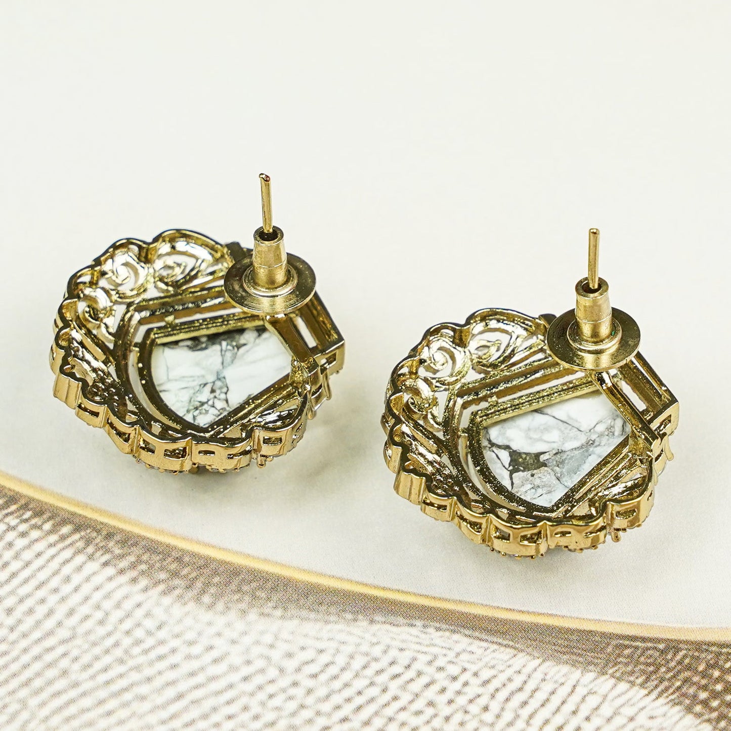 Zevar Club Rhodium-Plated Marble-Effect White Gemstone & AAA Cubic Zirconia Statement Stud Earrings