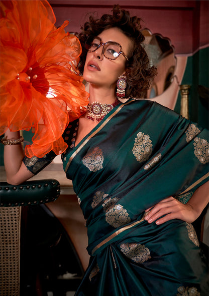 Dark green Kanthkala Topaz Pure Satin Handloom Saree