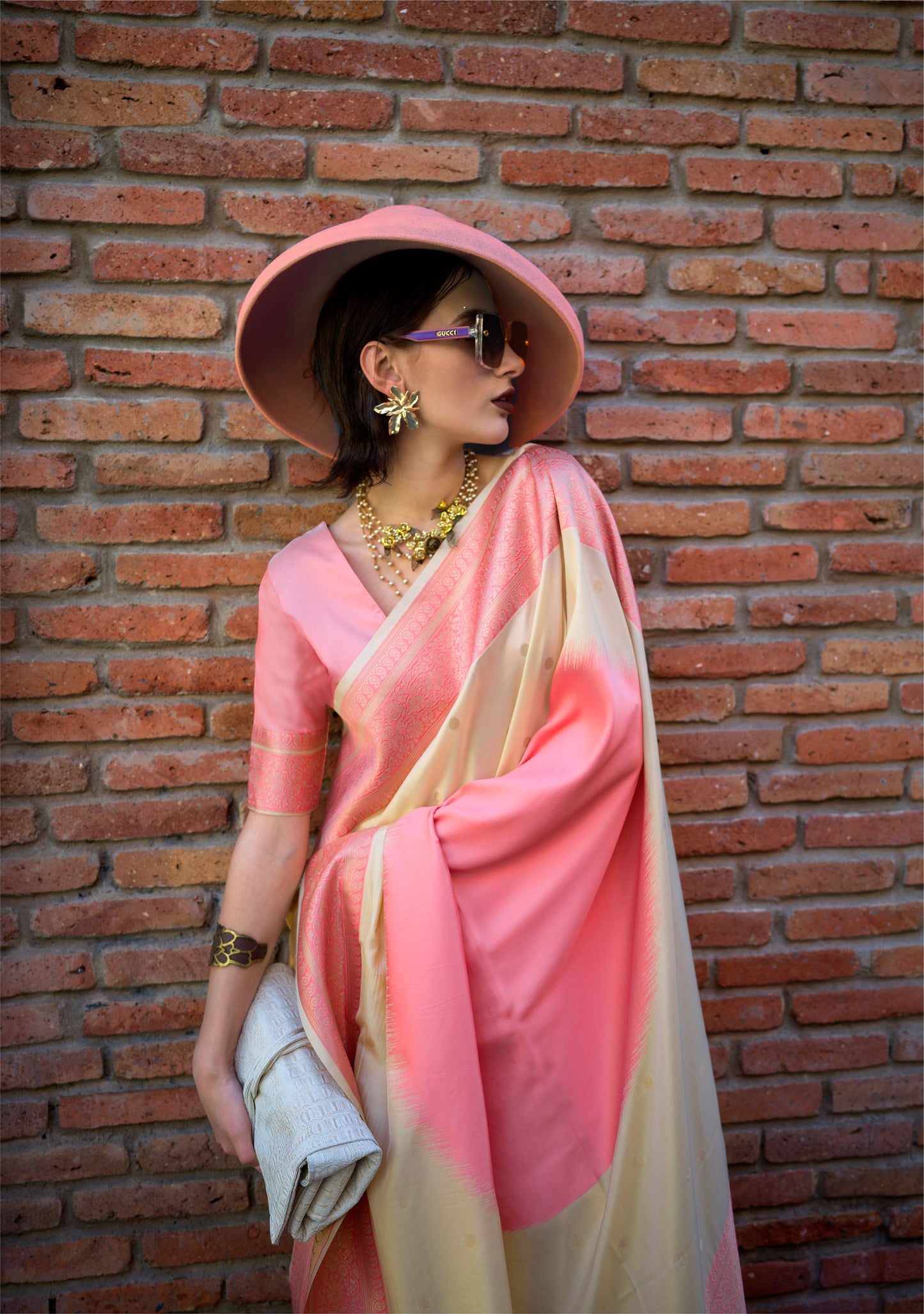 Cream Pink Koche Soft Silk Handloom Saree