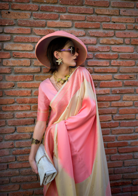 Cream Pink Koche Soft Silk Handloom Saree