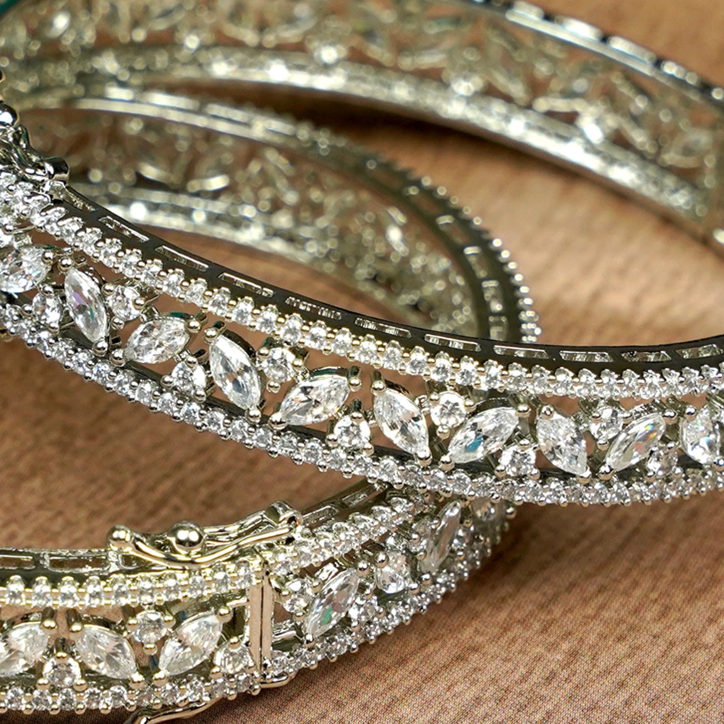 Zevar Club Set of 2 Rhodium-Plated Handcrafted AAA Cubic Zirconia Vine Motif Studded Premium Screw Adjustable Bangles