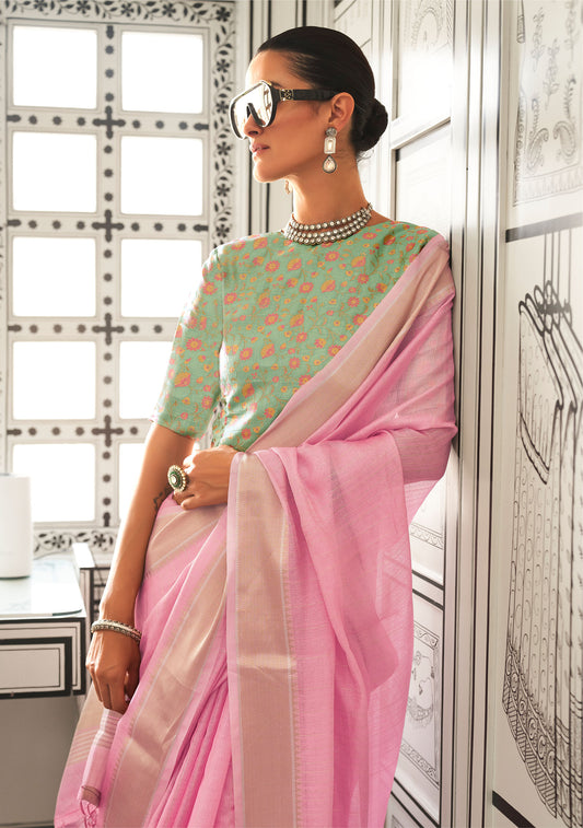 Pink Knoorie Moss Chiffon Handloom Saree