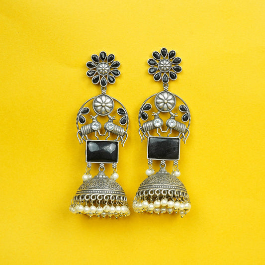 Zevar Club Oxidised Silver-Plated Black Stone & Pearl Beaded Jhumkis Earrings