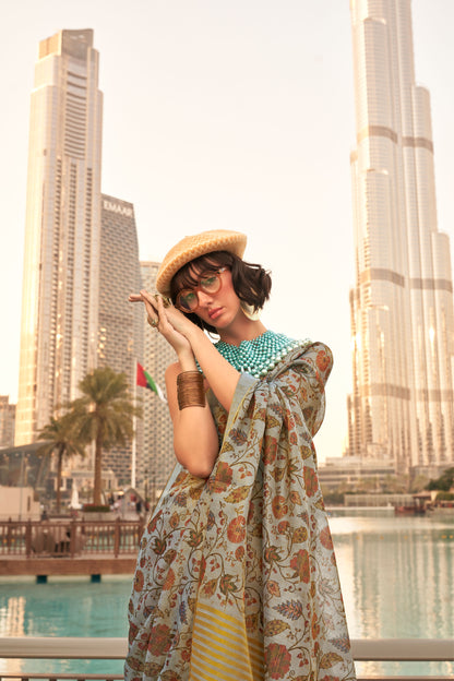 Grey Keeyah Printed Handloom Zari Tissue Saree