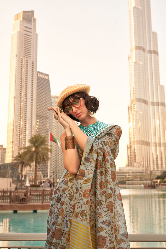 Grey Keeyah Printed Handloom Zari Tissue Saree