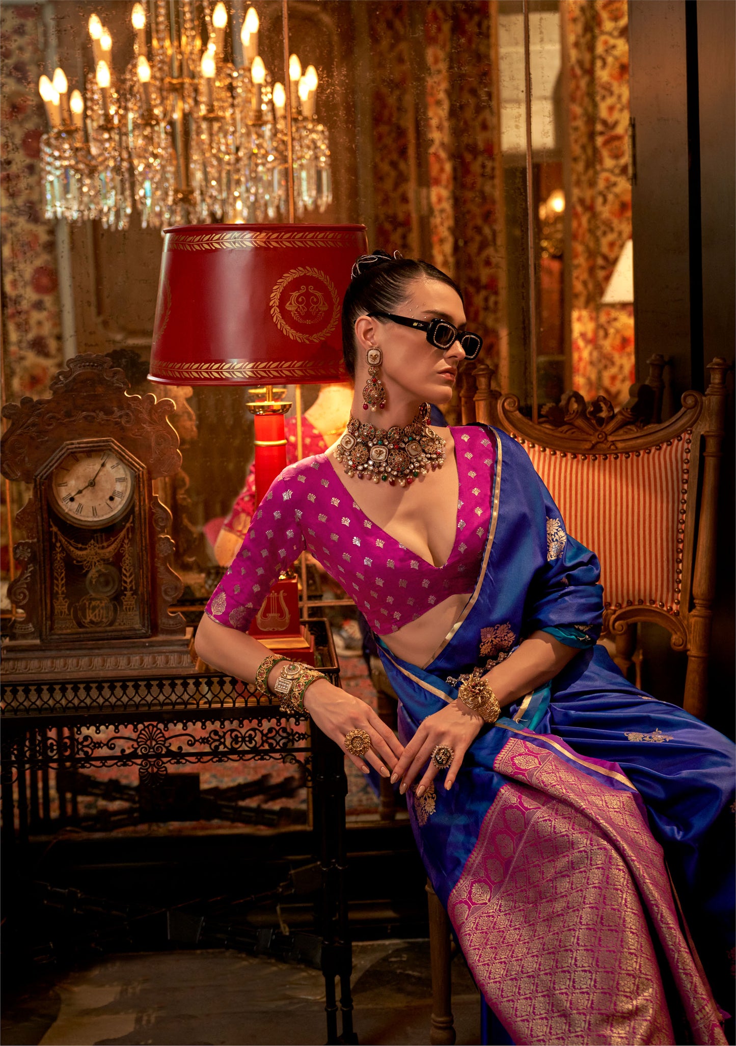 Royal Blue Kanthkala Luxe Satin Handloom saree