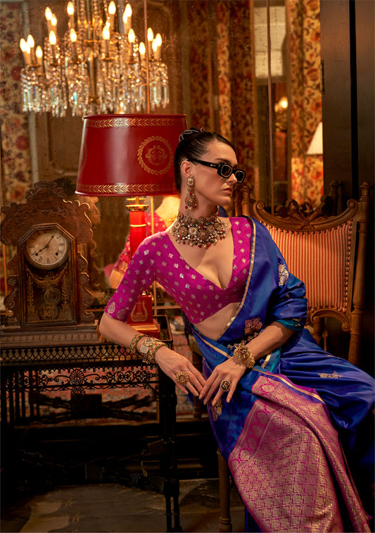 Royal Blue Kanthkala Luxe Satin Handloom saree