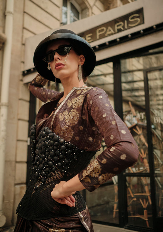 Brown Kronicle Pure Satin Zari Handloom Saree