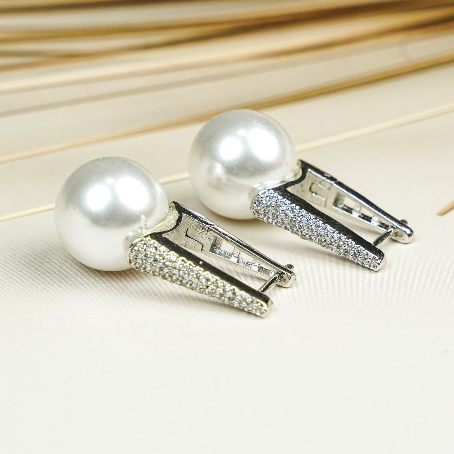 Zevar Club Rhodium-Plated Handcrafted Pointed Cubic Zirconia Top & Glossy Pearl Drop Earrings