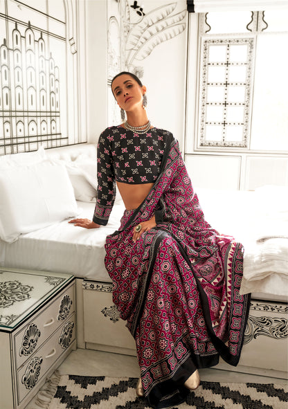 Maroon Kajarkh Printed Ajrakh Satin Saree