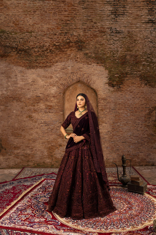 Regal Maroon Bridal Lehenga in Net and Velvet with Hand-Embroidery