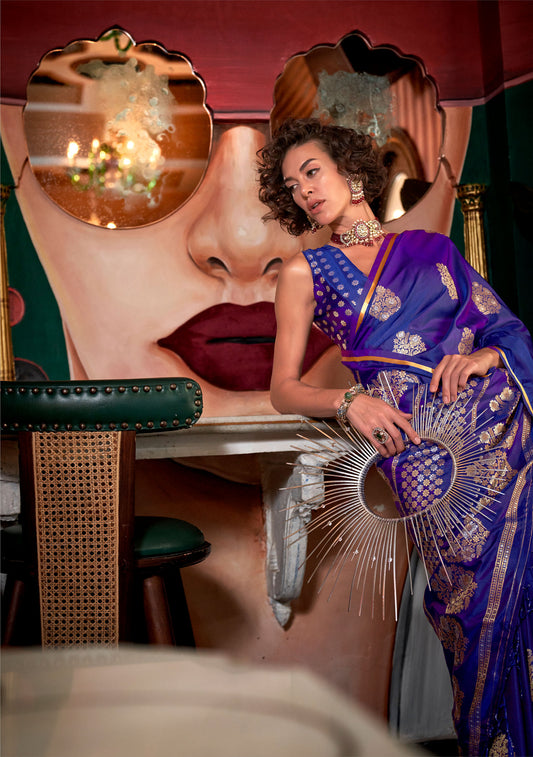 Majestic Purple Kanthkala Topaz Pure Satin Handloom Saree