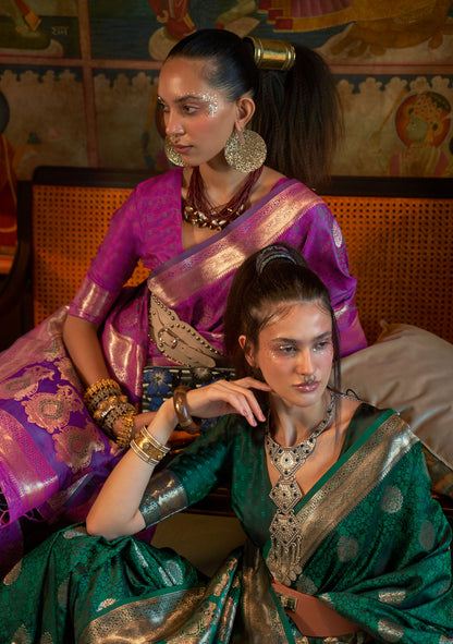 Emerald Green Kona Pure Satin Tanchoi Handloom Silk Saree