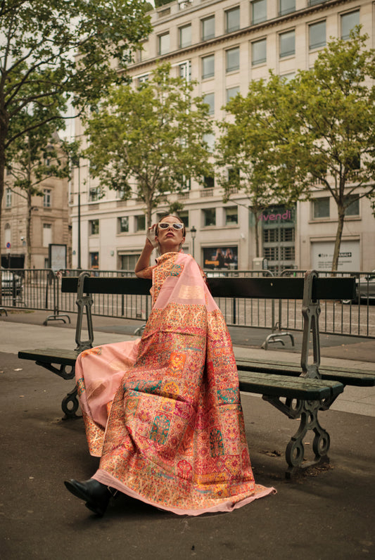 Peach Khadija Kashmiri Handoom Silk Saree