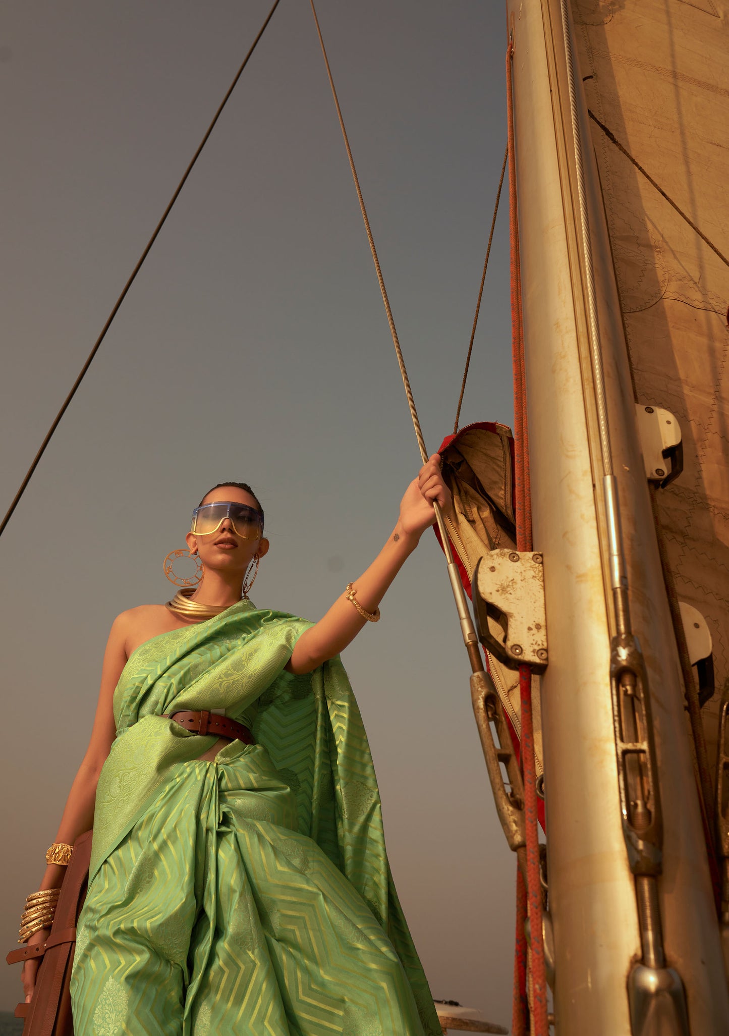 Sage Green Kingston Pure Satin Nylon two tone saree