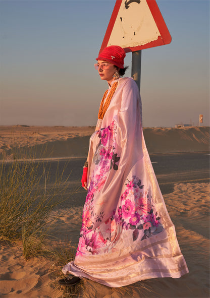 Cream Kikigai Printed Tussar Silk Saree