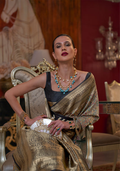 Black and Gold Color Kshahida Modal Handloom Kashmiri Chaap Saree