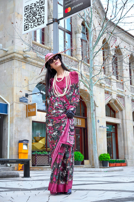 Maroon Floral Kazule Contemporary Satin Crepe Saree