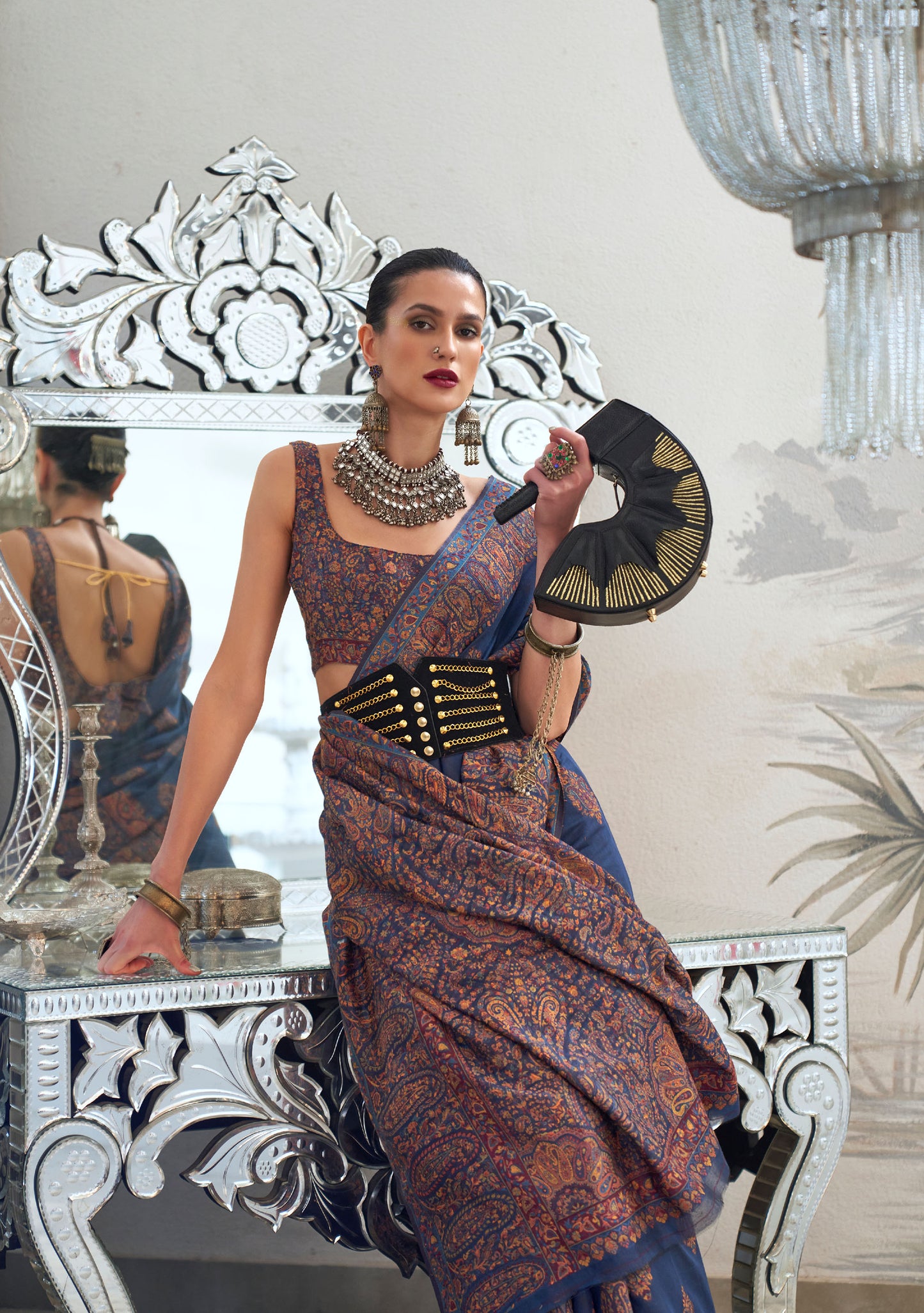 Navy Blue Kqaalib Kashmiri Handloom saree