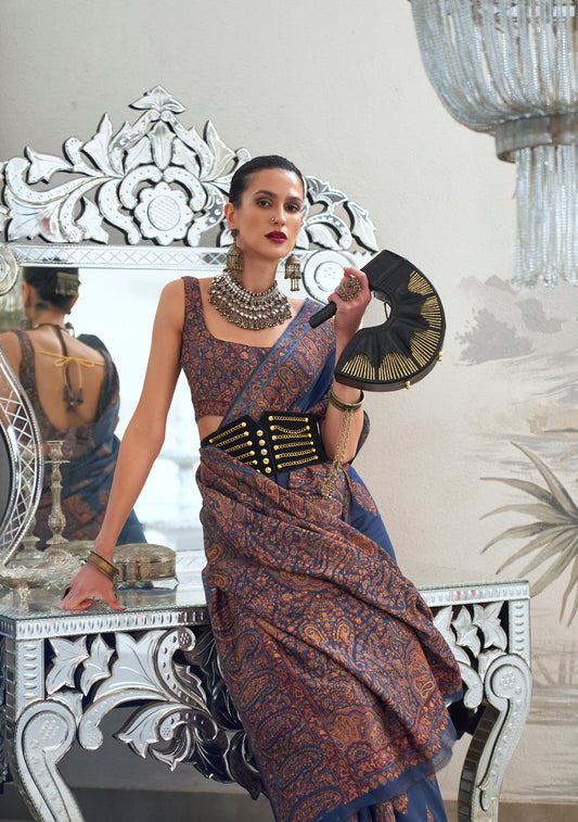 Navy Blue Kqaalib Kashmiri Handloom saree