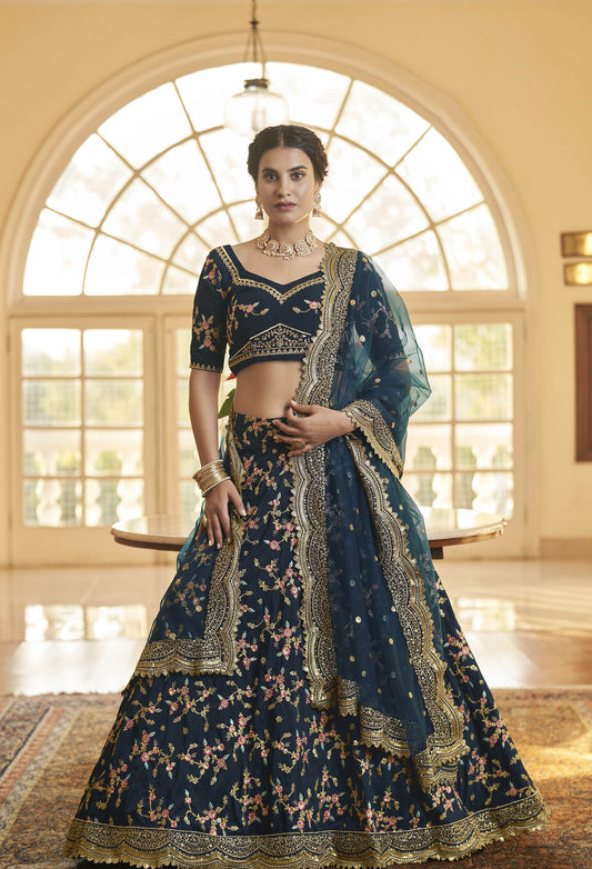 Blue Chinnon Silk Sequins Work Engagement Lehenga