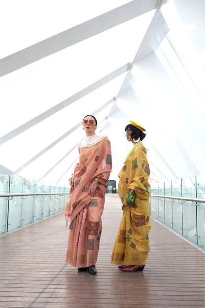 Peach Kroma Zari Tissue handwoven Printed Silk Saree