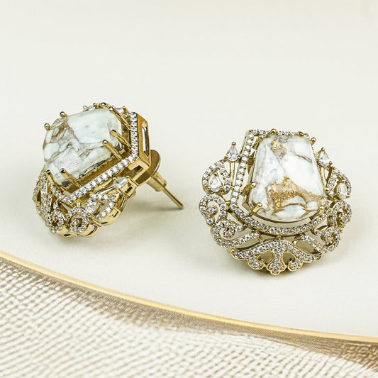 Zevar Club Rhodium-Plated Marble-Effect White Gemstone & AAA Cubic Zirconia Statement Stud Earrings
