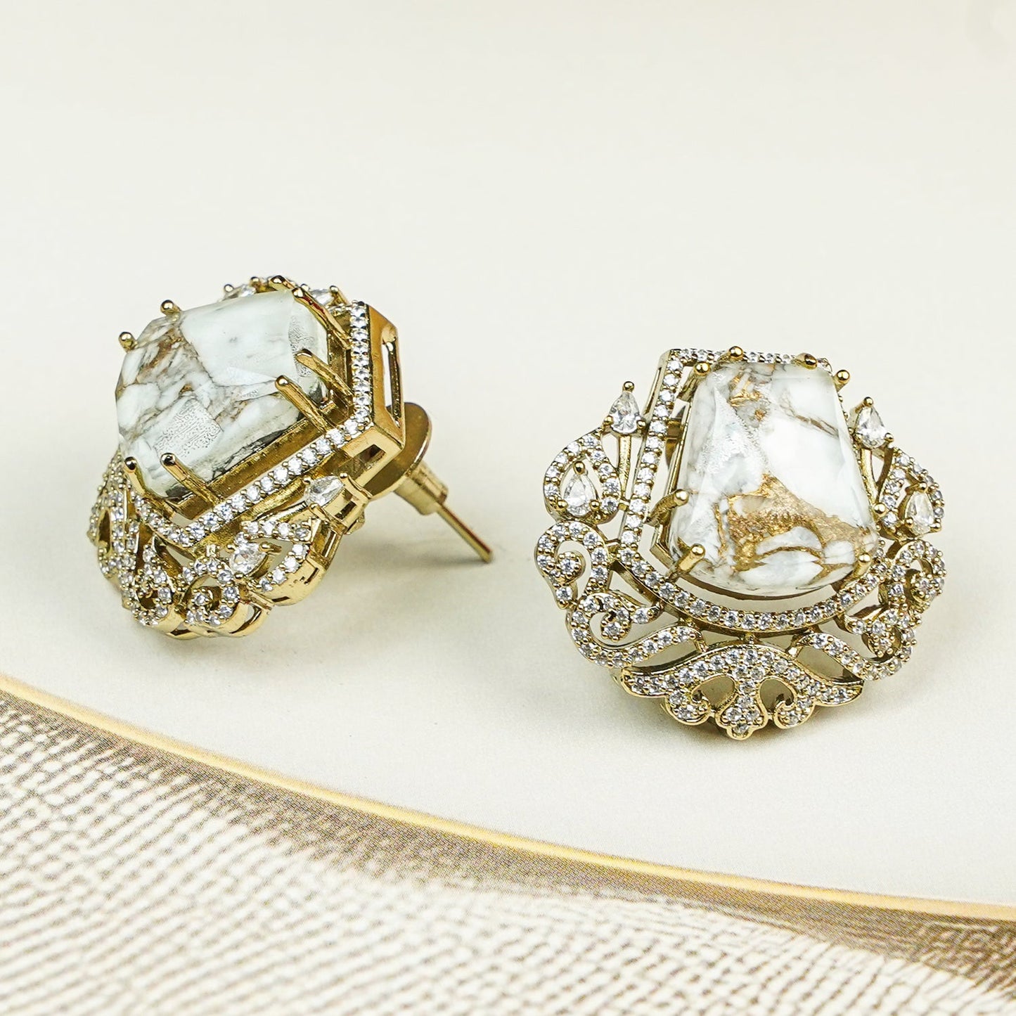 Zevar Club Rhodium-Plated Marble-Effect White Gemstone & AAA Cubic Zirconia Statement Stud Earrings