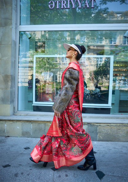 Red Floral Klay Print Satin Organza Saree