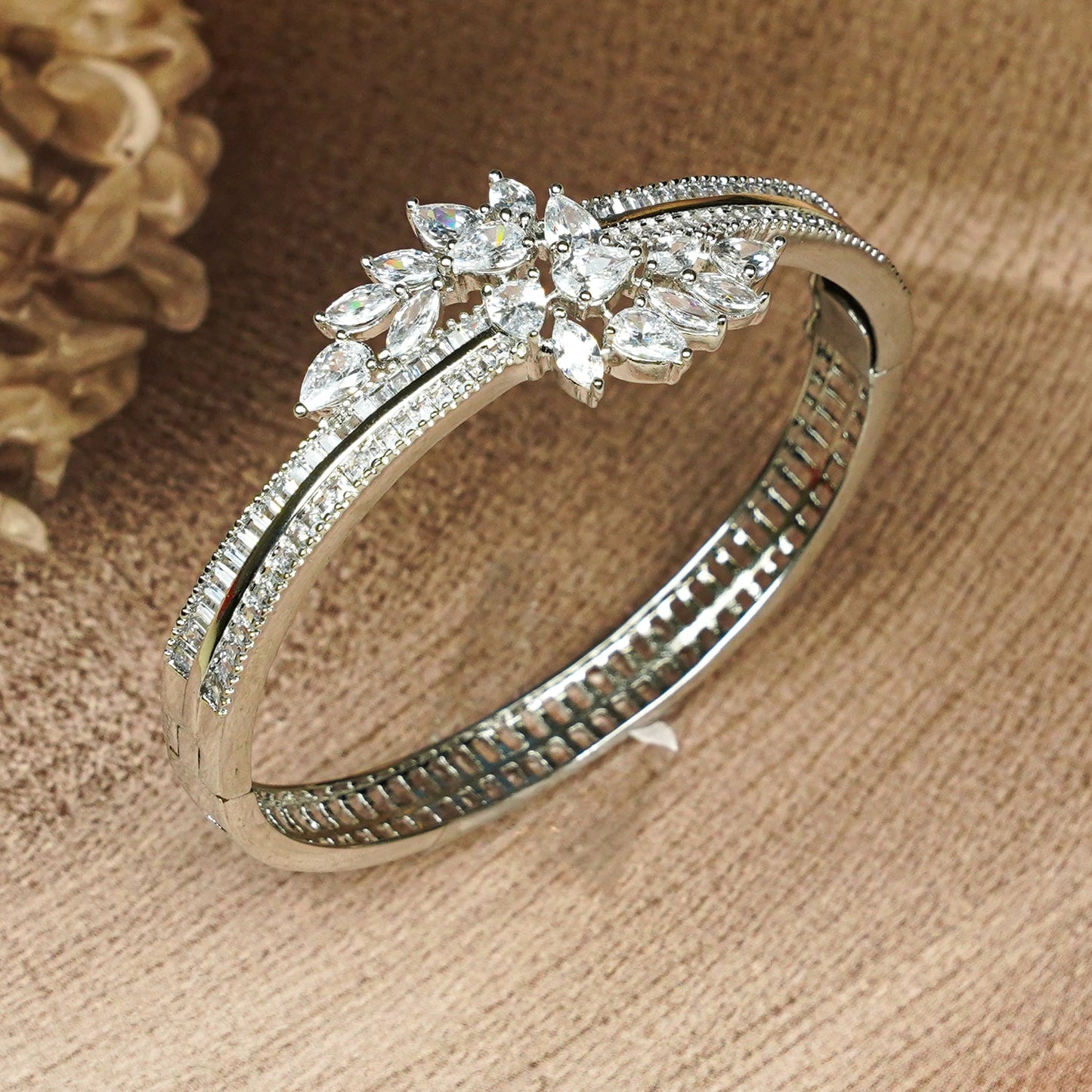 Zevar Club 22K Gold-Plated Floral Cluster Handcrafted AAA CZ Studded Baguette-Lined Openable Bracelet