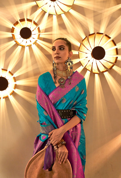 Teal Kornella Chaap Handloom Silk Saree