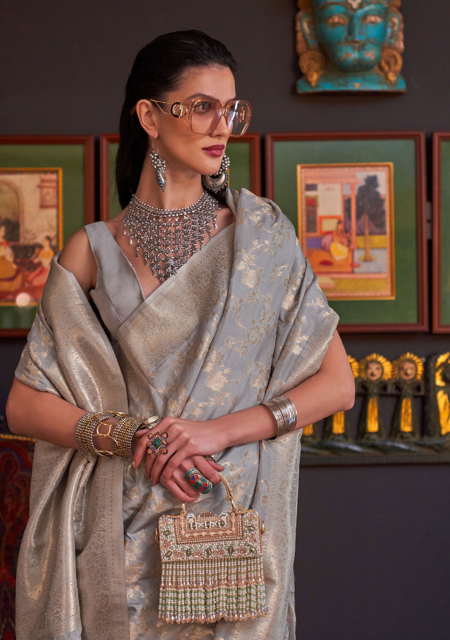 Grey Khabutai Pure katan Handloom Silk Saree
